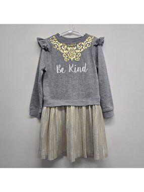 Bonnie Jean "Be Kind" Shirt Dress Sz 7 Ruffles Pleated Metallic Skirt Gold Foil